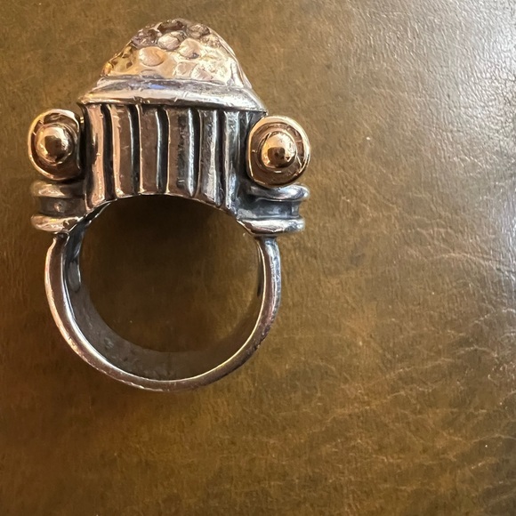 Dian Malouf Ring/14K YG and 925 SS Hammered Dome Drum Ring Max Gold Side Accents - Picture 7 of 11